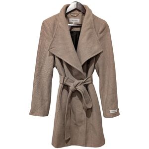 ​Calvin Klein Wool Blend Belted Wrap Coat Shawl Collar - Taupe Melange Size L